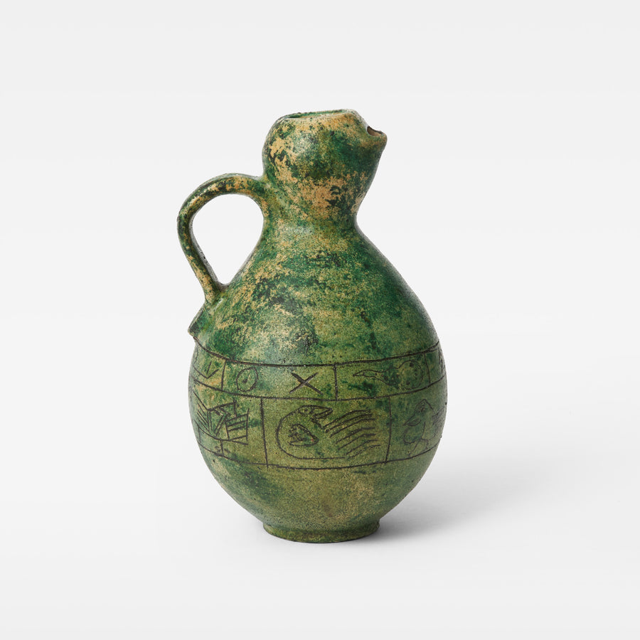 Sgraffito Pitcher in Mottled Green Glaze