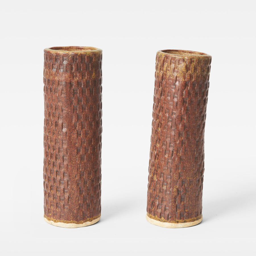 Pair of Stamp-Weave Ceramic Vases